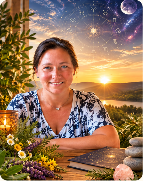 Annika Lilje vor einer Landschaft mit Natur- und Astrologiemotiven